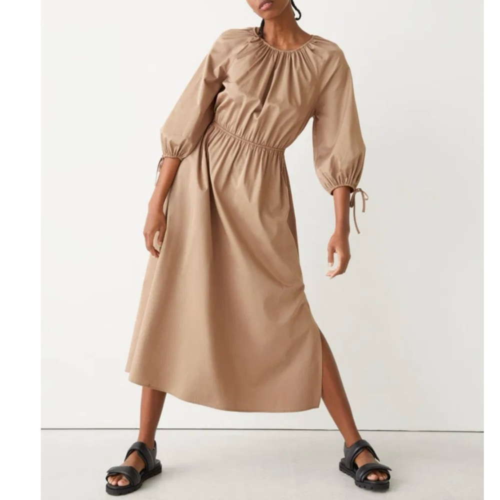 & Other Stories Brown Poplin Cotton Open Back Midi Dress